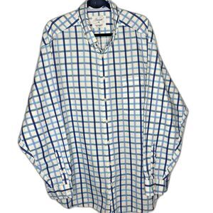 RY CASUALS Shirt Windowpane Button Down Long Sleeve Cotton Mens 2X White Blue